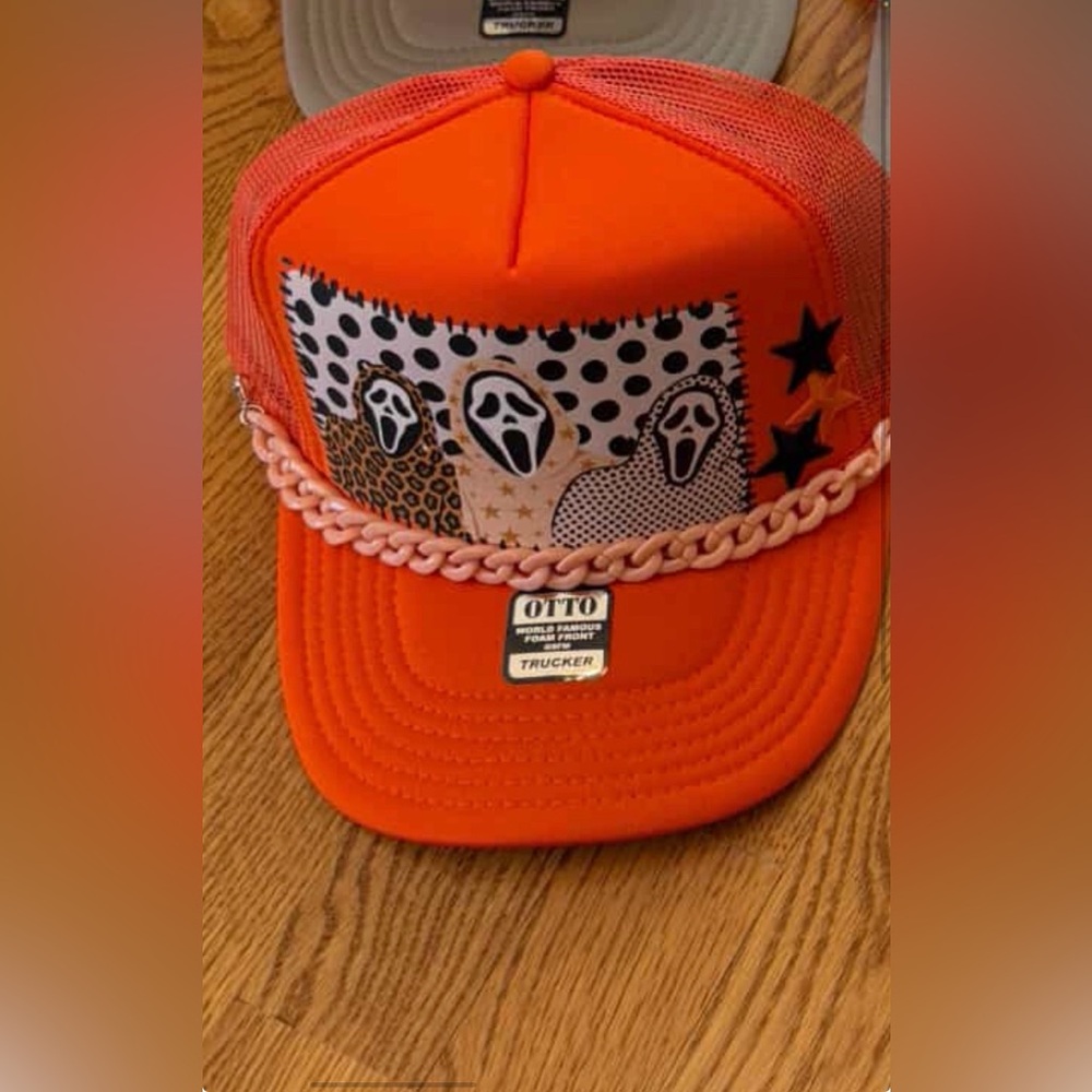 Spooky Leopard Ghosts Halloween Trucker Hat | Bright Orange Otto Foam Cap